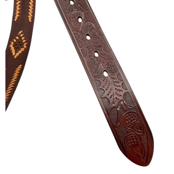 Brown Leather Mens 36 Western Belt Tan Dk Brown Stitching Southwest Rodeo Cowboy - Picture 6 of 6